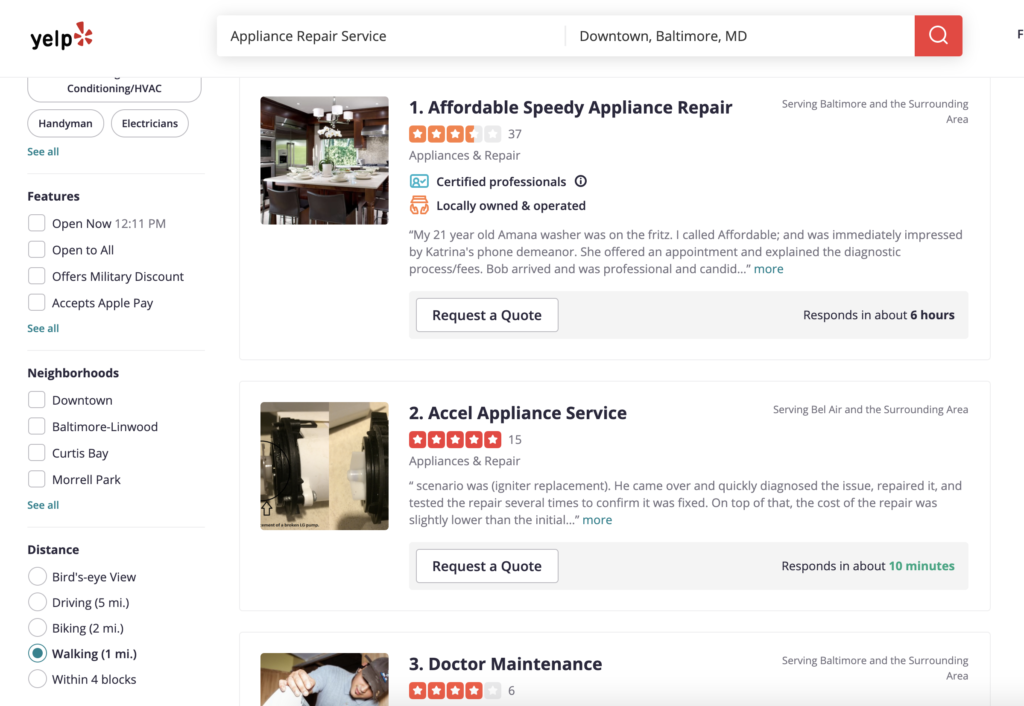 Yelp appliance repair service results Baltimore