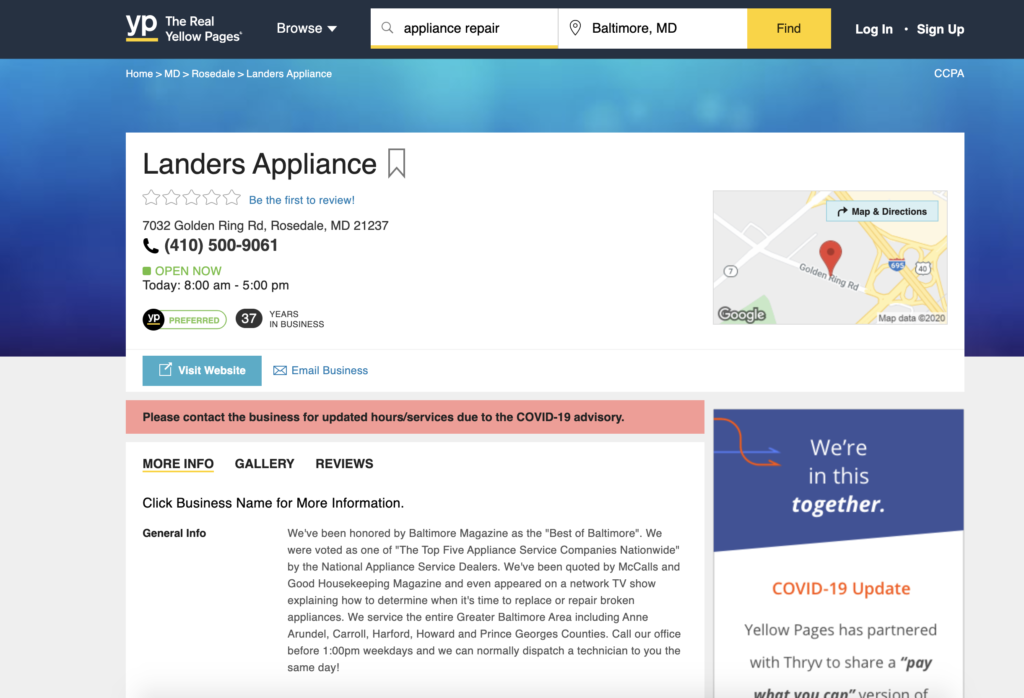 Yellow Pages profile example